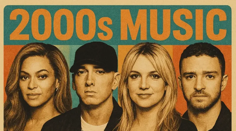 Évolution de la radio pop musique française à travers les décennies, montrant différents styles et artistes emblématiques